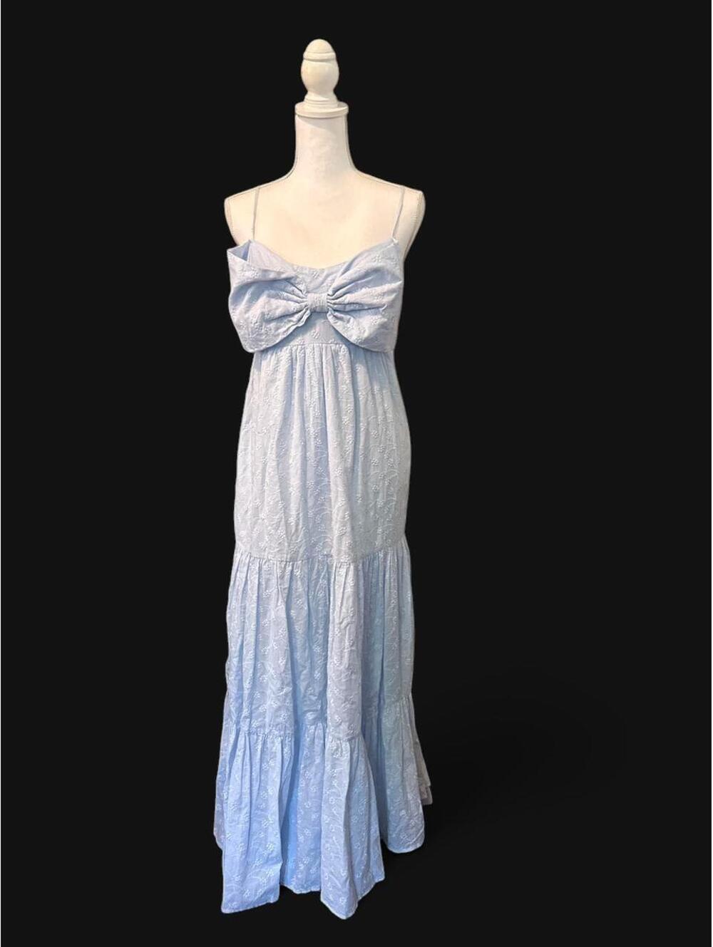 Storia Blue Cotton Maxi Dress L Bow Front Tiered Eyelet Embroidered Cottagecore